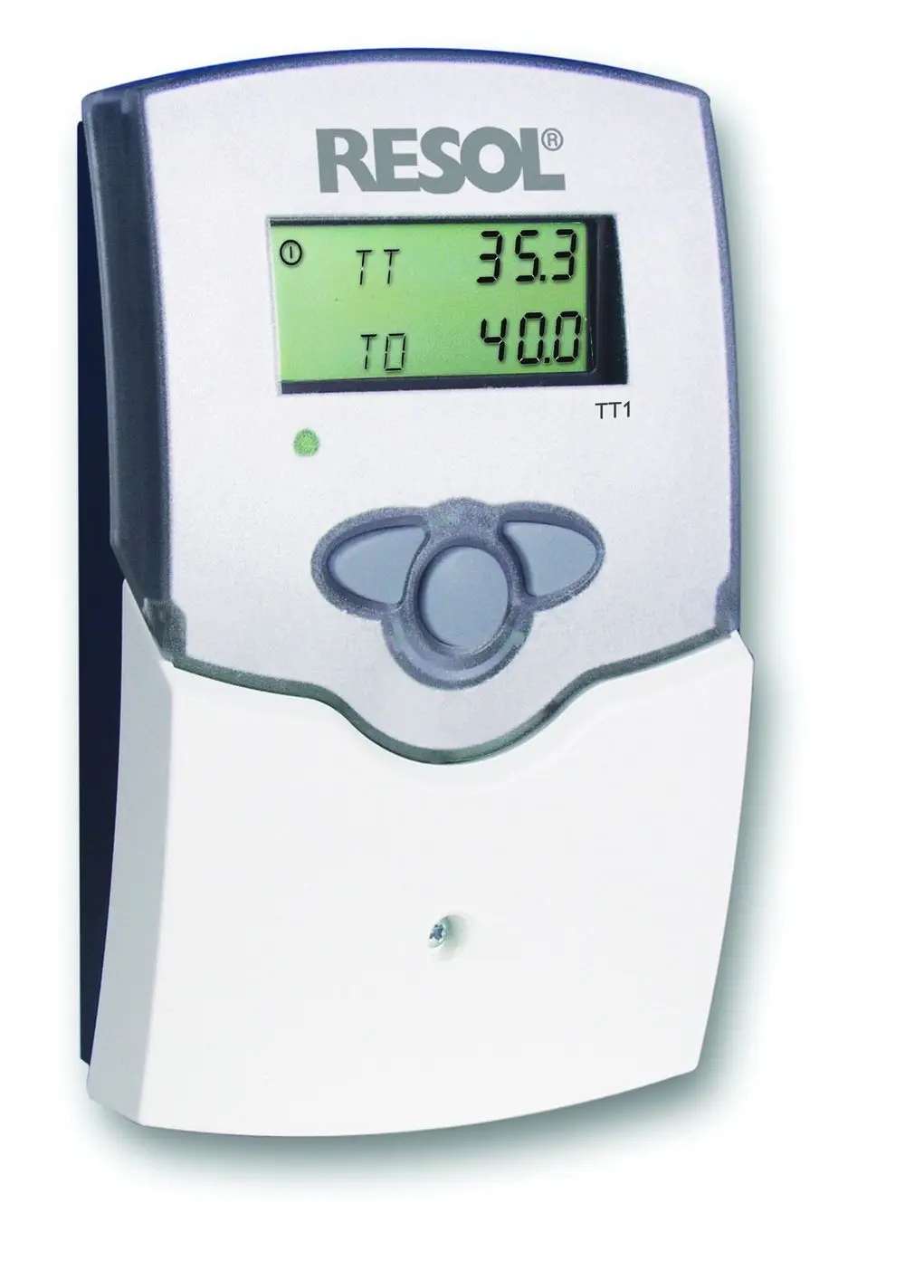 Digitaler Thermostat von Remeha mit Displayanzeige, zeigt Wassertemperaturen an, geeignet zur Regelung von Brauchwasser. Bedienfeld mit Tasten und Statusleuchte.